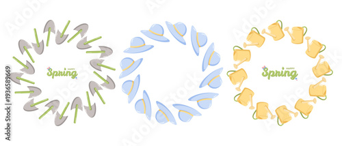 Three circular wreath designs garden shovels with green handles and gray blades, light blue hats with yellow bands, and yellow watering cans with green handles, each with HAPPY Spring text, cheerful