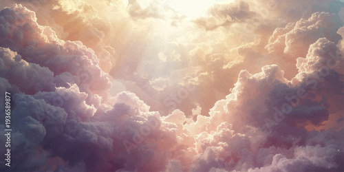 Dramatic white clouds drift over a beautiful blue city skyline as bright sunlight breaks through a dark storm to create a colorful nature cloudscape across the atmospheric heaven at sunset