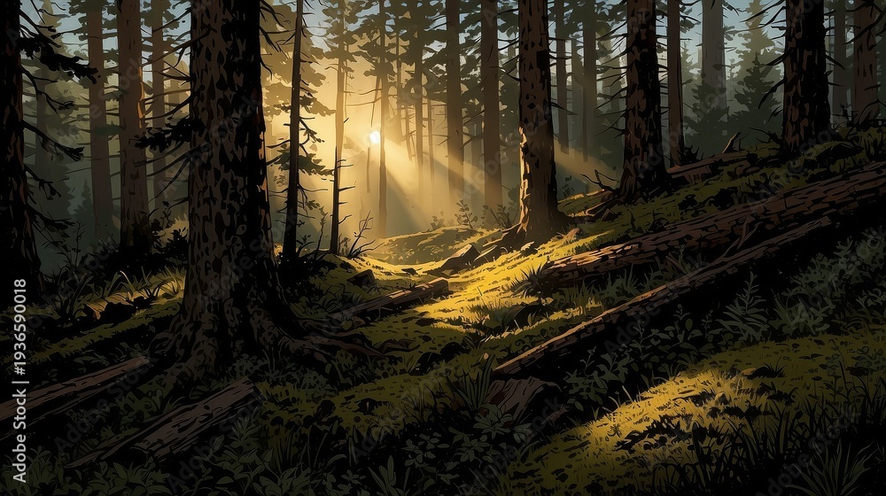 Obraz premium Golden Sunlight in Mountain Forest Path