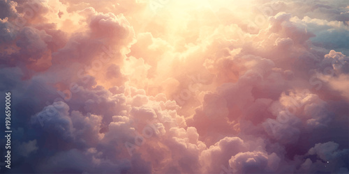 A beautiful summer day featuring a dramatic cloudscape where the bright sun pierces through white and dark clouds in a blue heaven atmosphere