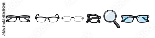 Collection of various eyeglasses and a magnifying glass on a white background