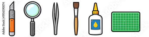 Collection of crafting and hobby tools including a craft knife, magnifying glass, tweezers, brush, and glue
