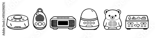 Collection of various electronic devices and gadgets in a simple line art style