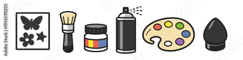 Collection of art supplies including stencil, brush, paint, spray can, palette, and marker