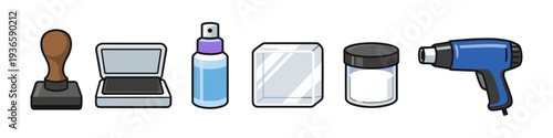 Crafting tools including a stamp, ink pad, spray bottle, acrylic block, powder, and heat gun
