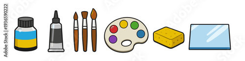 Art supplies including paint bottles, brushes, palette, sponge, and glass surface
