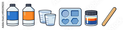 Resin art supplies including bottles, measuring cups, silicone mold, and mixing stick