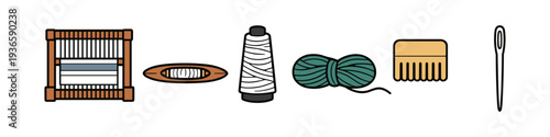 Collection of weaving and sewing tools including a loom, shuttle, thread, yarn, reed, and needle