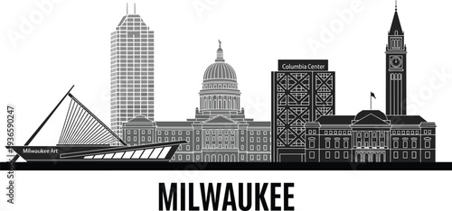 Milwaukee Wisconsin Skyline Silhouette With Art Museum and Clock Tower city