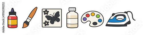 Set of craft supplies including glue, brush, stencil, paint, and iron