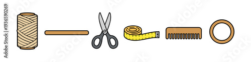 Set of crafting and sewing tools including twine, scissors, measuring tape, and comb