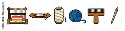 Set of cartoon icons representing weaving and sewing tools on a white background