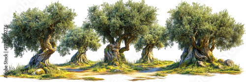 Olive trees with twisted trunks under bright sky