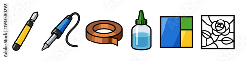 Set of crafting tools and materials for stained glass and mosaic projects