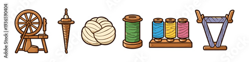 Collection of vintage spinning and weaving tools for textile creation