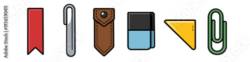Collection of colorful stationery items including a bookmark, paperclip, and eraser