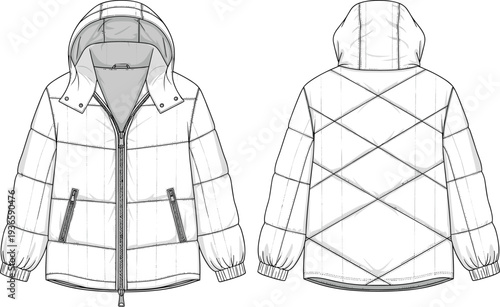 Technical CAD Drawing Flat Vector Illustration of a Quilted Puffer Jacket with Hood Front and Back View for Fashion Design