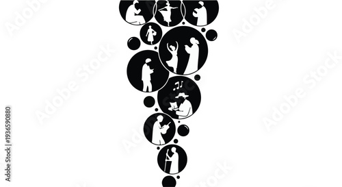 Diverse human figures engaged in various activities cascade downwards in a stylized, abstract composition.