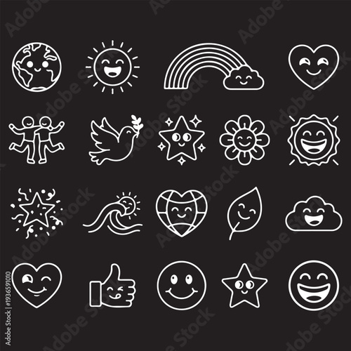 Set of positive line art icons. Cute smiling earth, sun, peace dove, rainbow, hearts, nature elements, and emojis in white outline on black background.