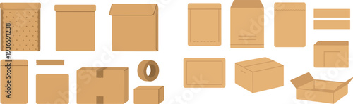 Different styles of cardboard packaging are arranged neatly, showcasing various shapes and sizes suitable for shipping and storage. The materials highlight eco-friendly options.