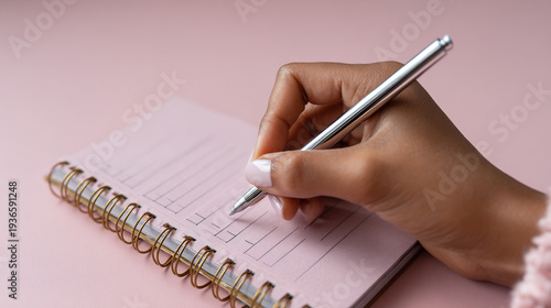 Close-up of woman's hand writing in a pink spiral notebook with a silver pen, planning or making notes.