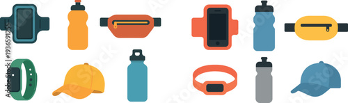 A collection of fitness accessories including a smartwatch, two hydration bottles, a fanny pack, and a cap arranged in a colorful composition, perfect for outdoor enthusiasts and athletes.