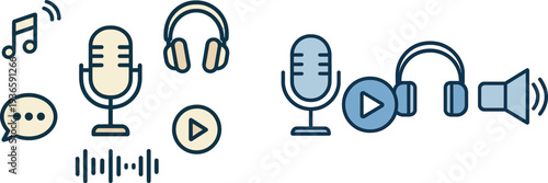 A collection of music-related symbols showcases a microphone, headphones, sound waves, and music notes, emphasizing the essence of audio and creativity in one cohesive design.
