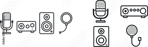 This setup features essential equipment for music production, including a microphone, sound mixer, speaker, and a studio light, suitable for recording sessions.