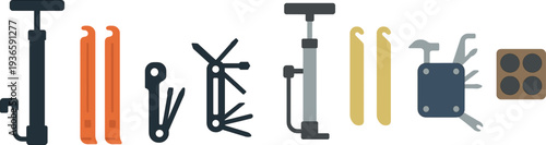 Essential tools for bicycle maintenance are organized on a workbench, including a pump, tire levers, and a multi-tool. Perfect for any cycling enthusiast.