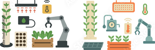 Modern technology is featured in an urban farming context, highlighting plant growth systems, sensors, and automation for efficient agriculture practices.