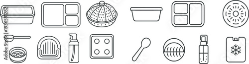 Various kitchen utensils and containers are displayed, including trays, steaming baskets, and measuring spoons, ideal for cooking and food preparation tasks.