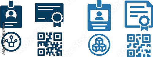 Various symbols of identity are presented, showcasing an identification card, a certification, a connection icon, and a QR code. These elements suggest a focus on technology and verification.