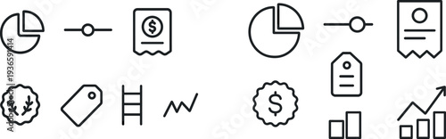 A collection of simple icons illustrating key business themes, including charts, receipts, price tags, and growth indicators for use in presentations and digital projects.