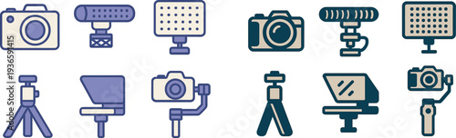 A collection of flat design icons representing various photography equipment, including cameras, microphones, and lighting. Ideal for graphic design projects related to media production.