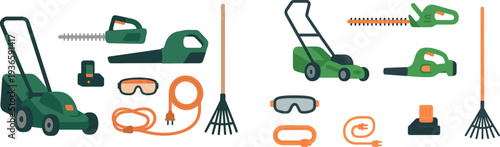 Lawn mower, hedge trimmer, electric saw, safety goggles, extension cord, and rake are arranged for gardening tasks. This setup exemplifies equipment for yard care and maintenance activities.