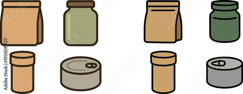 Four distinct containers are showcased, including a paper bag, a glass jar, a cylindrical tube, and a metal can. The designs emphasize simplicity and functionality for storage.