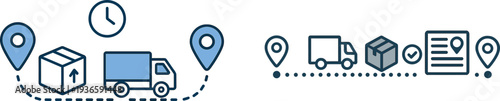 This graphic illustrates the logistics process of delivery, featuring a truck transporting a package with time and location markers, symbolizing tracking and efficiency.