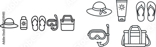 A collection of beach essentials including a wide-brimmed hat, sunscreen bottle, flip flops, snorkeling gear, and a tote bag arranged neatly, perfect for a day by the ocean.