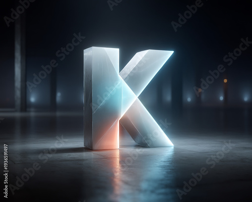 Wallpaper Mural Modern 3D letter K, translucent crystal, glowing blue and orange light on a concrete floor, abstract minimalist background. Torontodigital.ca
