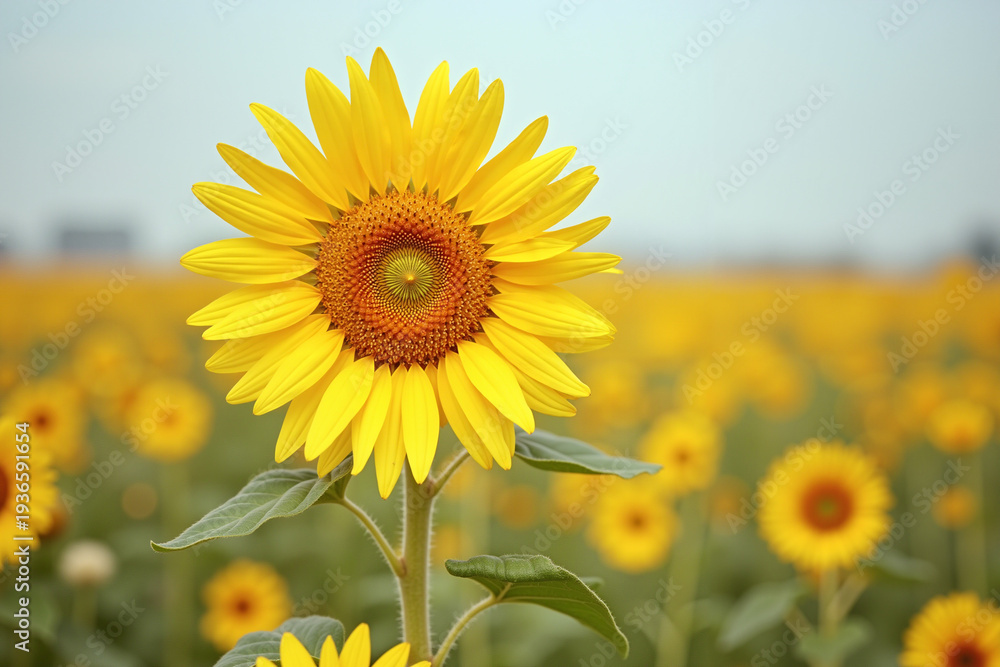 Fototapeta premium Bright sunflower in a field with many blooming sunflowers 