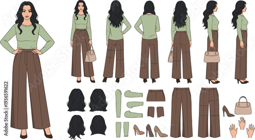 Fashion character turnaround of stylish woman with outfit variations, front side back views, clothing elements set, modern female character design illustration pack