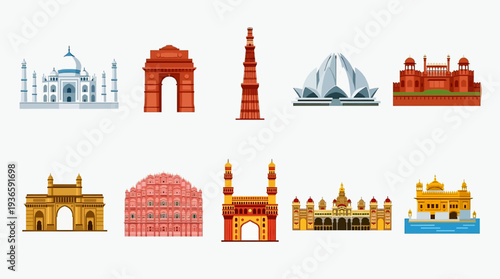 Indian Landmark Flat Vector Icon Set Featuring Taj Mahal, India Gate, Qutub Minar, Lotus Temple and Famous Monuments
