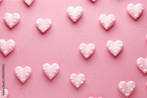 Pink heart shapes with white polka dots creating a sweet texture and pattern
