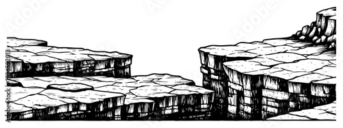 Detailed black and white vector illustration of rocky plateau cliffs overlooking a wide landscape