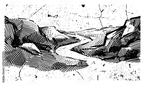 Vintage hand drawn sketch of a winding river valley through rocky mountains with grunge texture