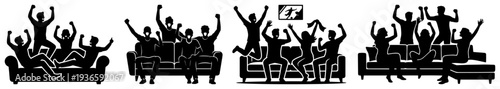 Silhouettes of excited people cheering and sitting on a sofa watching sport on television