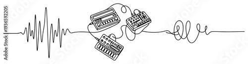 Continuous line drawing of electronic music synthesizers connected to a sound wave
