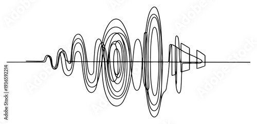 Minimalist black line illustration of an abstract audio waveform with circular pulses