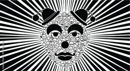 Surreal clown face composed of tiny expressive emojis against a radiating black and white background