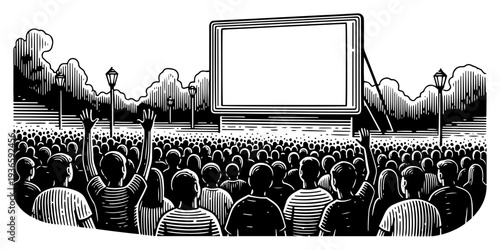 Hand drawn engraving style illustration of a large crowd watching a movie in an outdoor cinema park